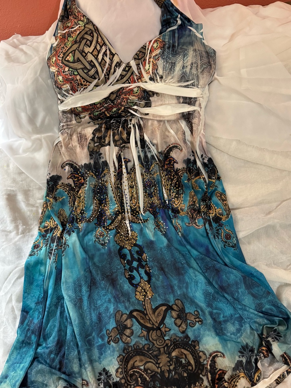 Cristinalove Blue and White Paisley Halter Mini Dress